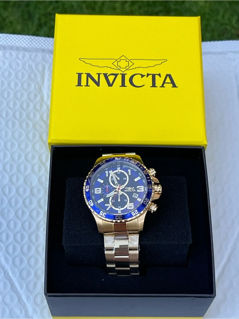 Invicta Specialty Mach Gala Men's Watch - 48mm, Gold and blue bezel new